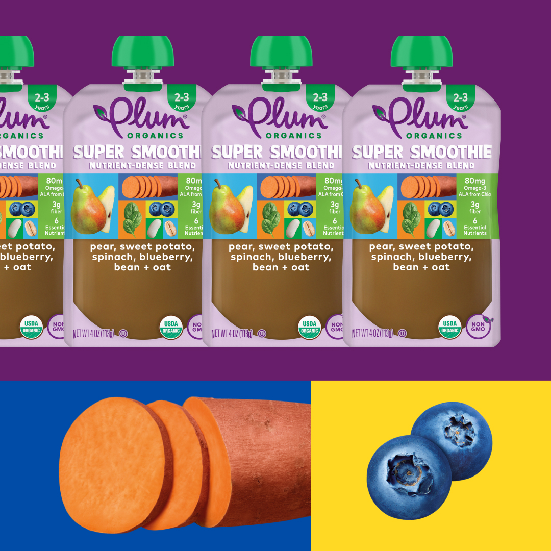 super smoothie pouches collage with sweet potatoes and blueberries