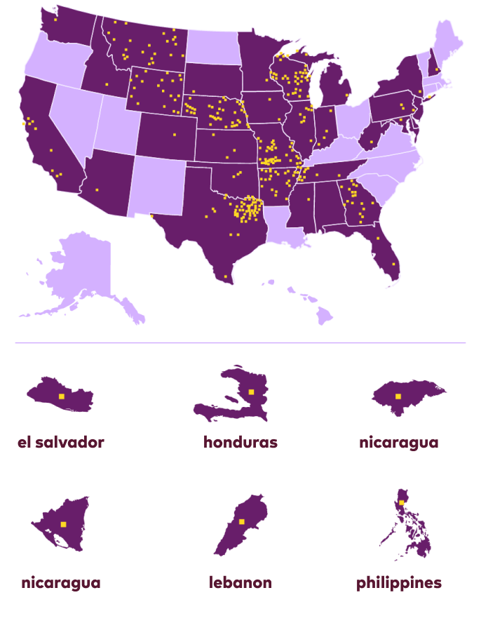 map of the united states and countries showing plum's reach of pouches given to children