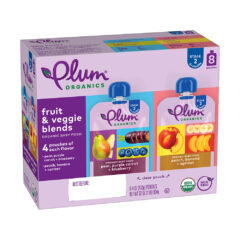 pear, purple carrot + blueberry & peach, banana + apricot